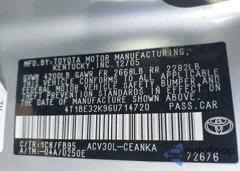 2006 Toyota Camry Le z USA, uszkodzony, nr VIN 4T1BE32K96U714720